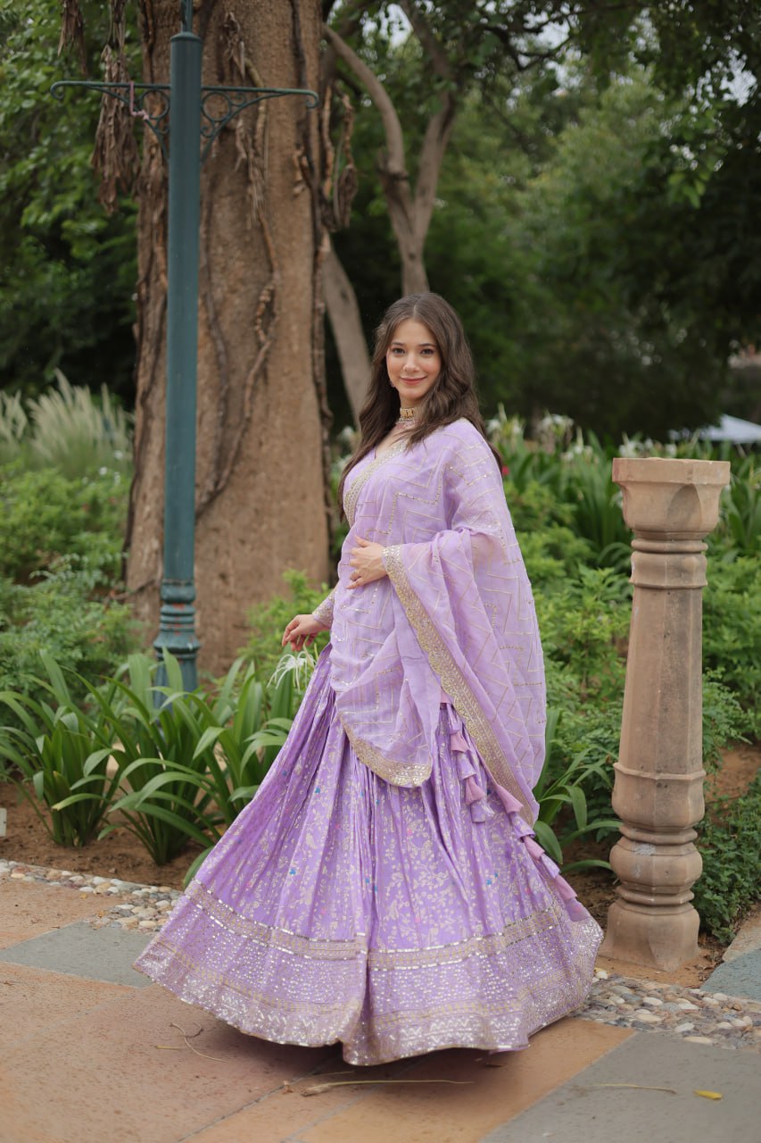 Elegant Lavender Jacquard Lehenga Choli with Sequins Embroidery