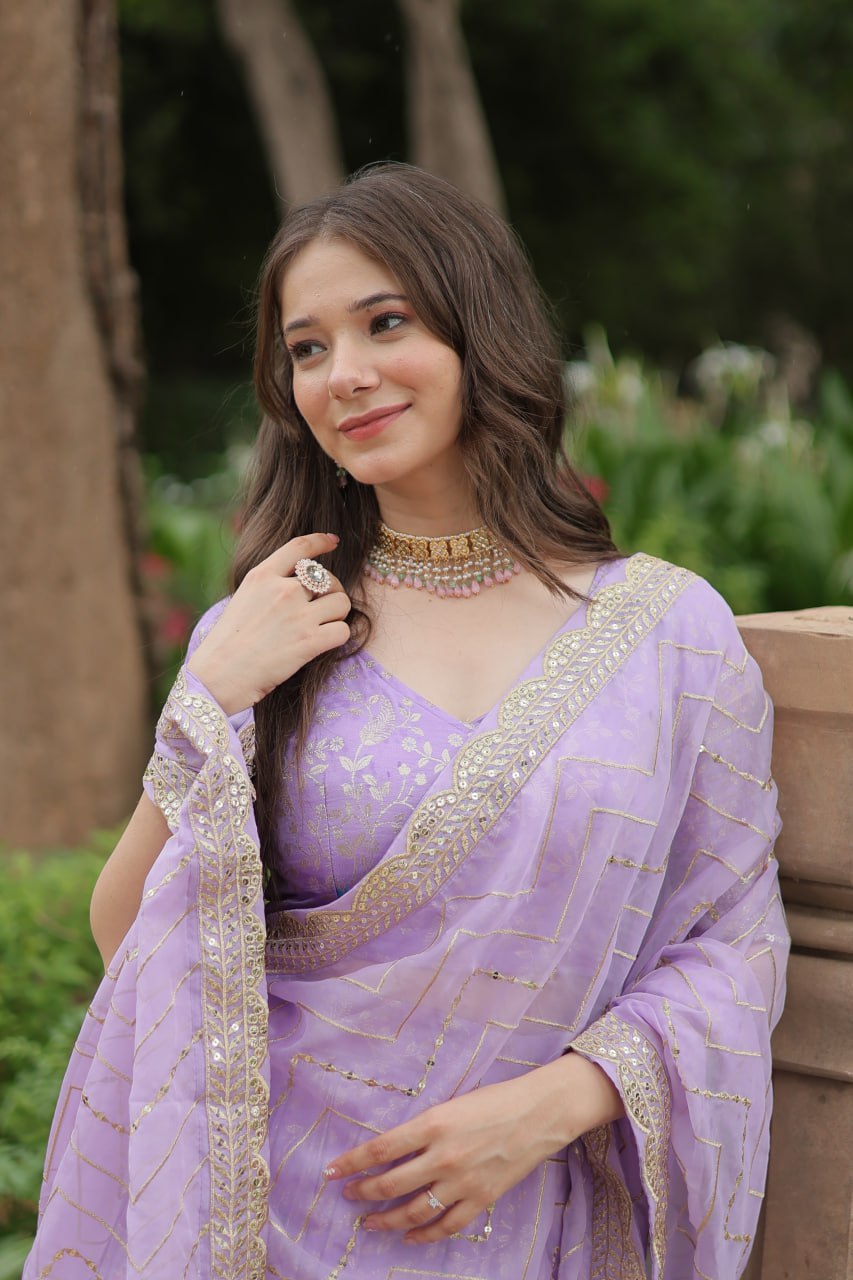Elegant Lavender Jacquard Lehenga Choli with Sequins Embroidery