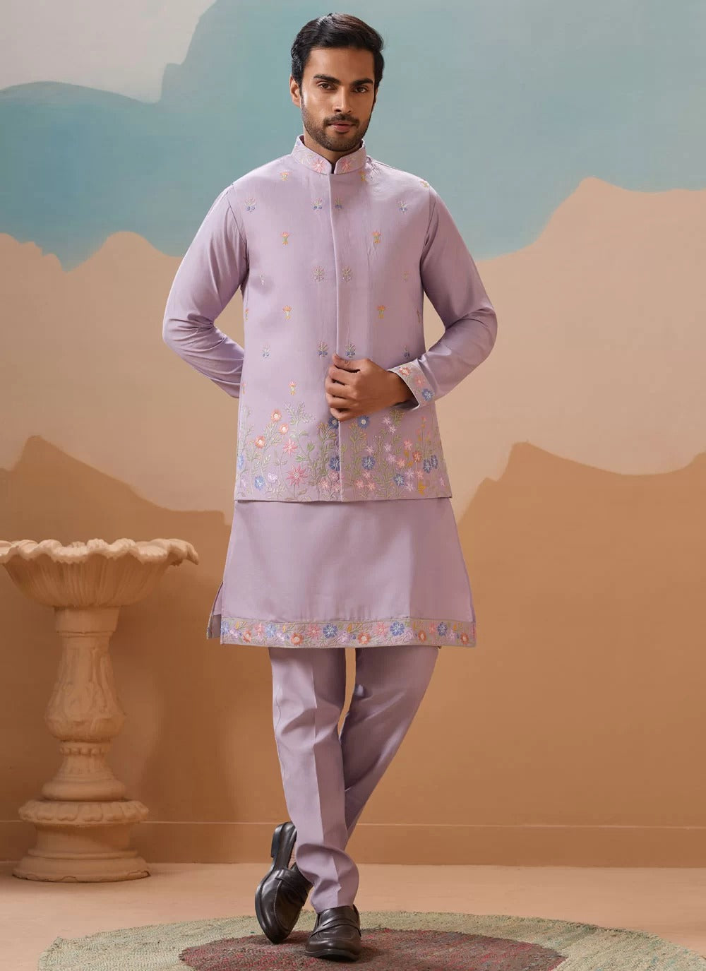 Elegant lavender kurta koti set for men in viscose silk