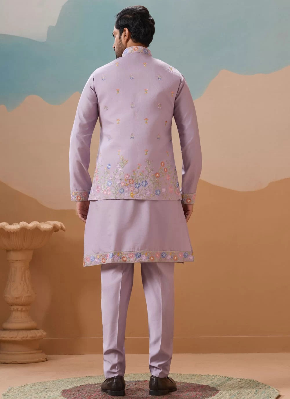 Elegant lavender kurta koti set for men in viscose silk