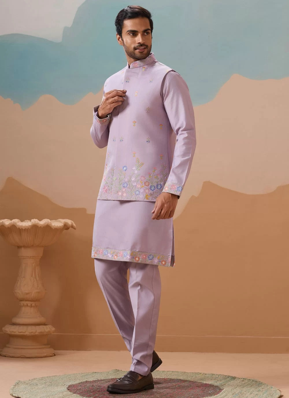 Elegant lavender kurta koti set for men in viscose silk