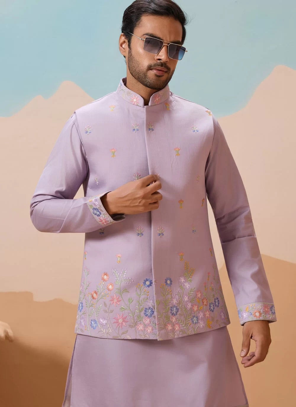 Elegant lavender kurta koti set for men in viscose silk