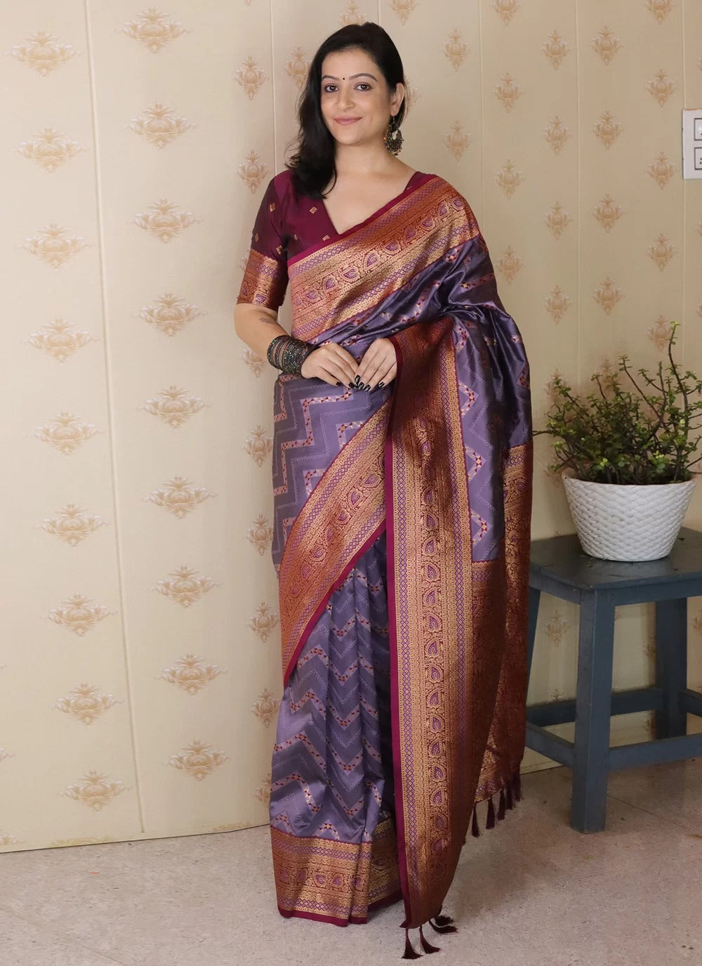 Luxury lavender banarasi soft silk saree for wedding with gold zari weaving