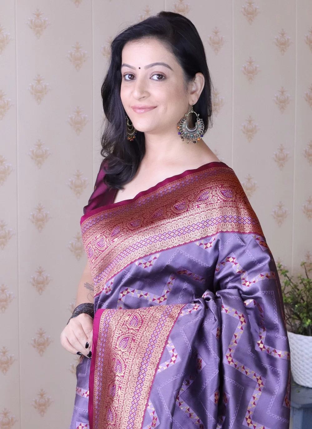 Luxury lavender banarasi soft silk saree for wedding with gold zari weaving