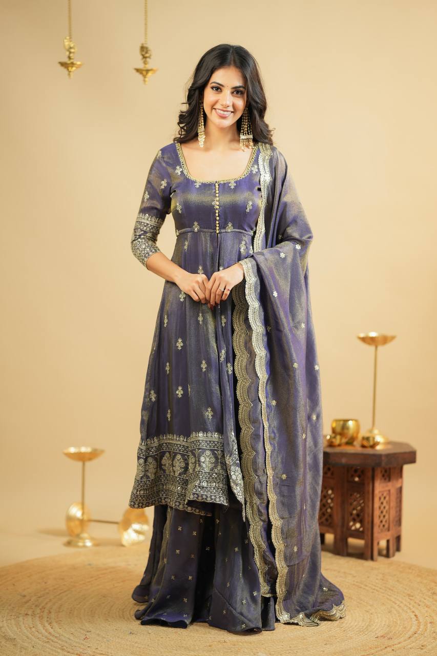 Light Gray Luxury Cosmo Designer Anarkali Suit Set with Heavy Sequins & Thread Embroidery