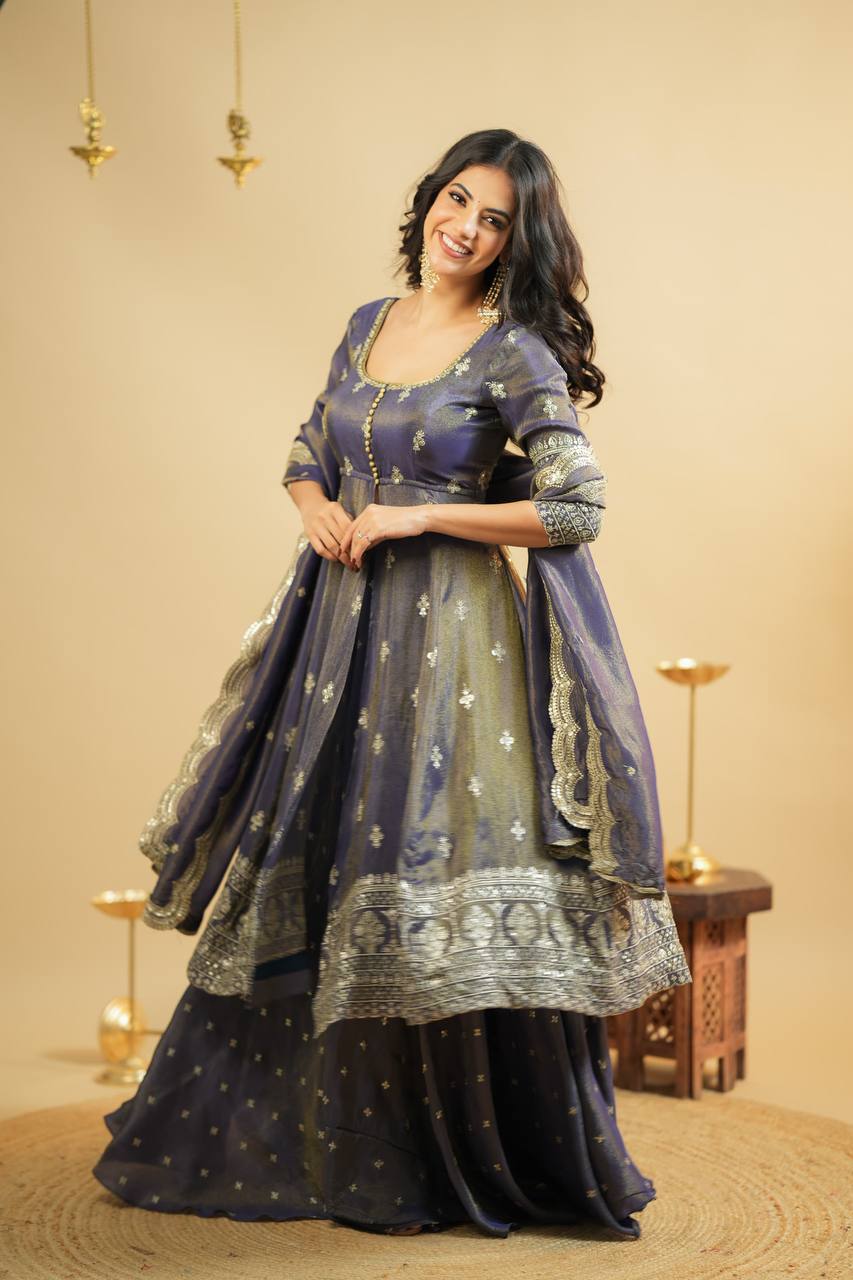 Light Gray Luxury Cosmo Designer Anarkali Suit Set with Heavy Sequins & Thread Embroidery