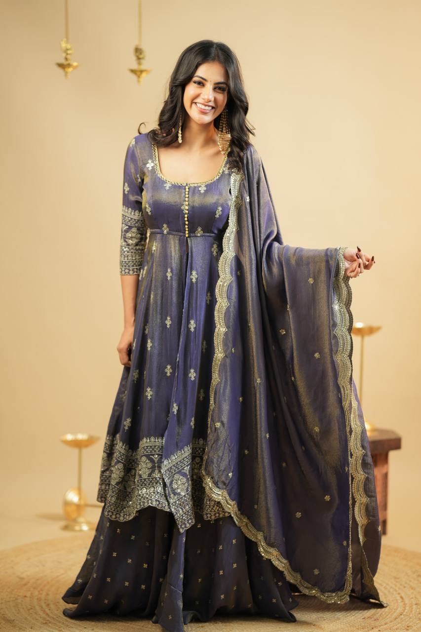 Light Gray Luxury Cosmo Designer Anarkali Suit Set with Heavy Sequins & Thread Embroidery