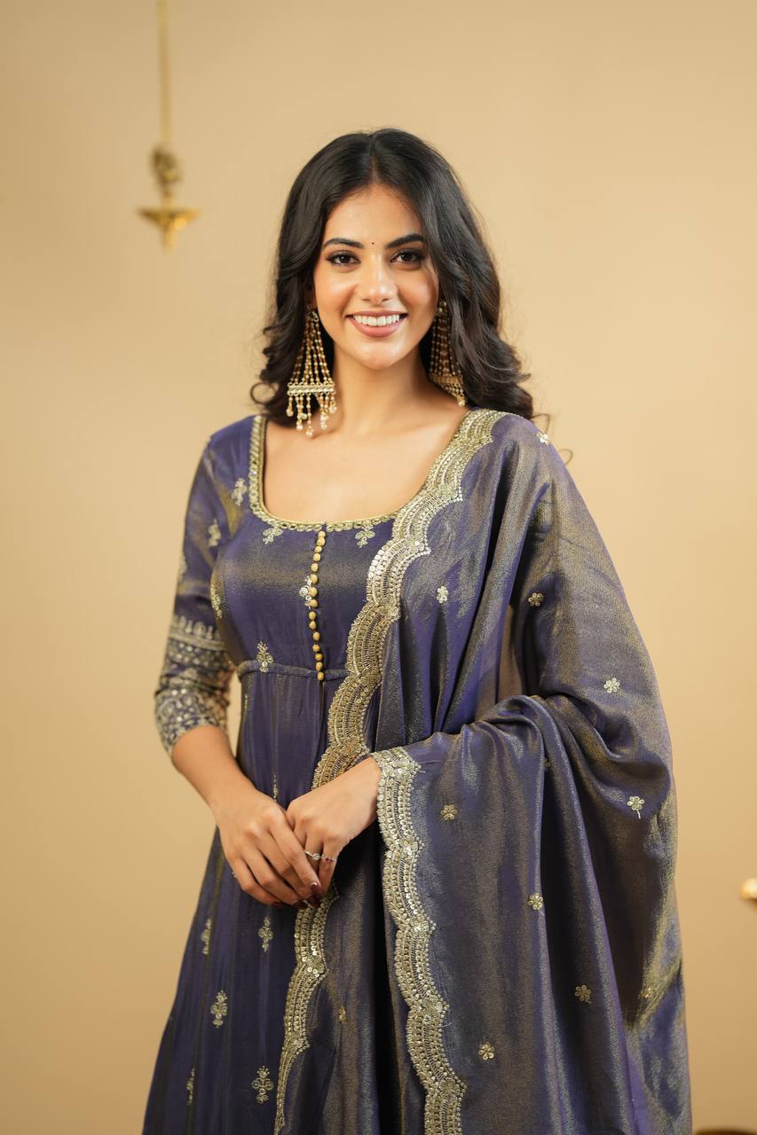Light Gray Luxury Cosmo Designer Anarkali Suit Set with Heavy Sequins & Thread Embroidery