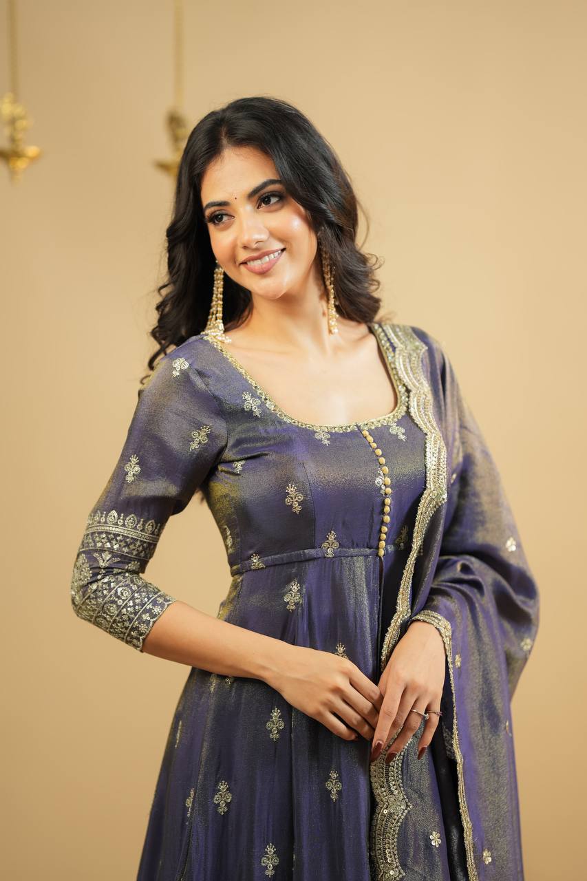 Light Gray Luxury Cosmo Designer Anarkali Suit Set with Heavy Sequins & Thread Embroidery