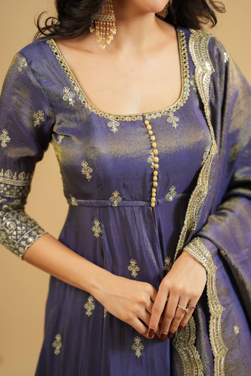 Light Gray Luxury Cosmo Designer Anarkali Suit Set with Heavy Sequins & Thread Embroidery