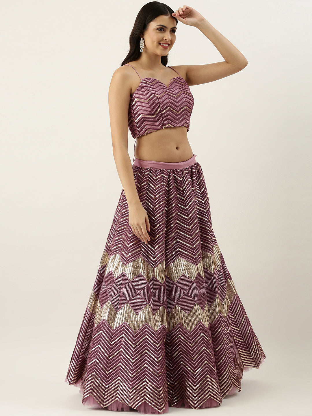 Lavender - Net Embroidered Semi-Stitched Lehenga with Zig-Zag Pattern