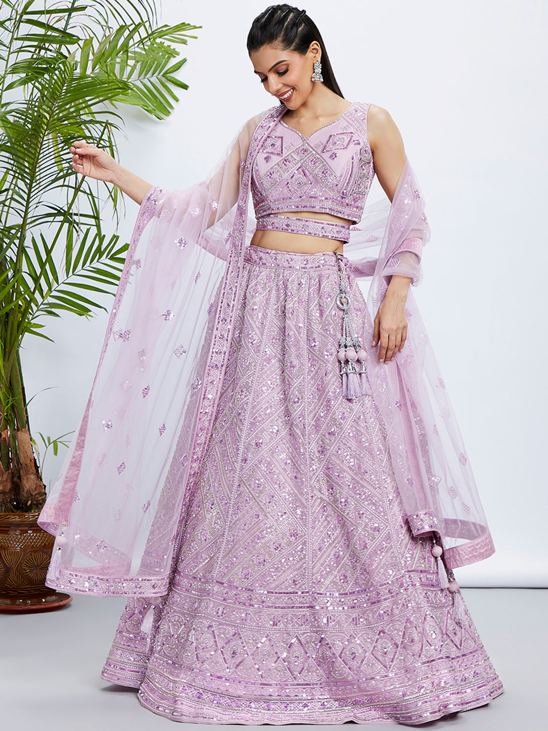 Lavender Net Lehenga Choli & Dupatta with Cutdana, Sequins & Zarkan Embroidery