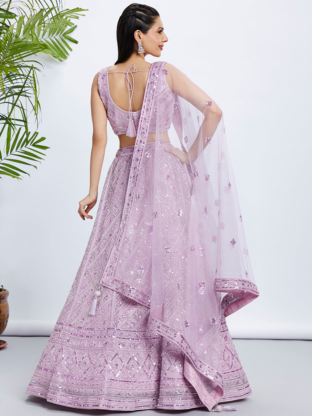 Lavender Net Lehenga Choli & Dupatta with Cutdana, Sequins & Zarkan Embroidery