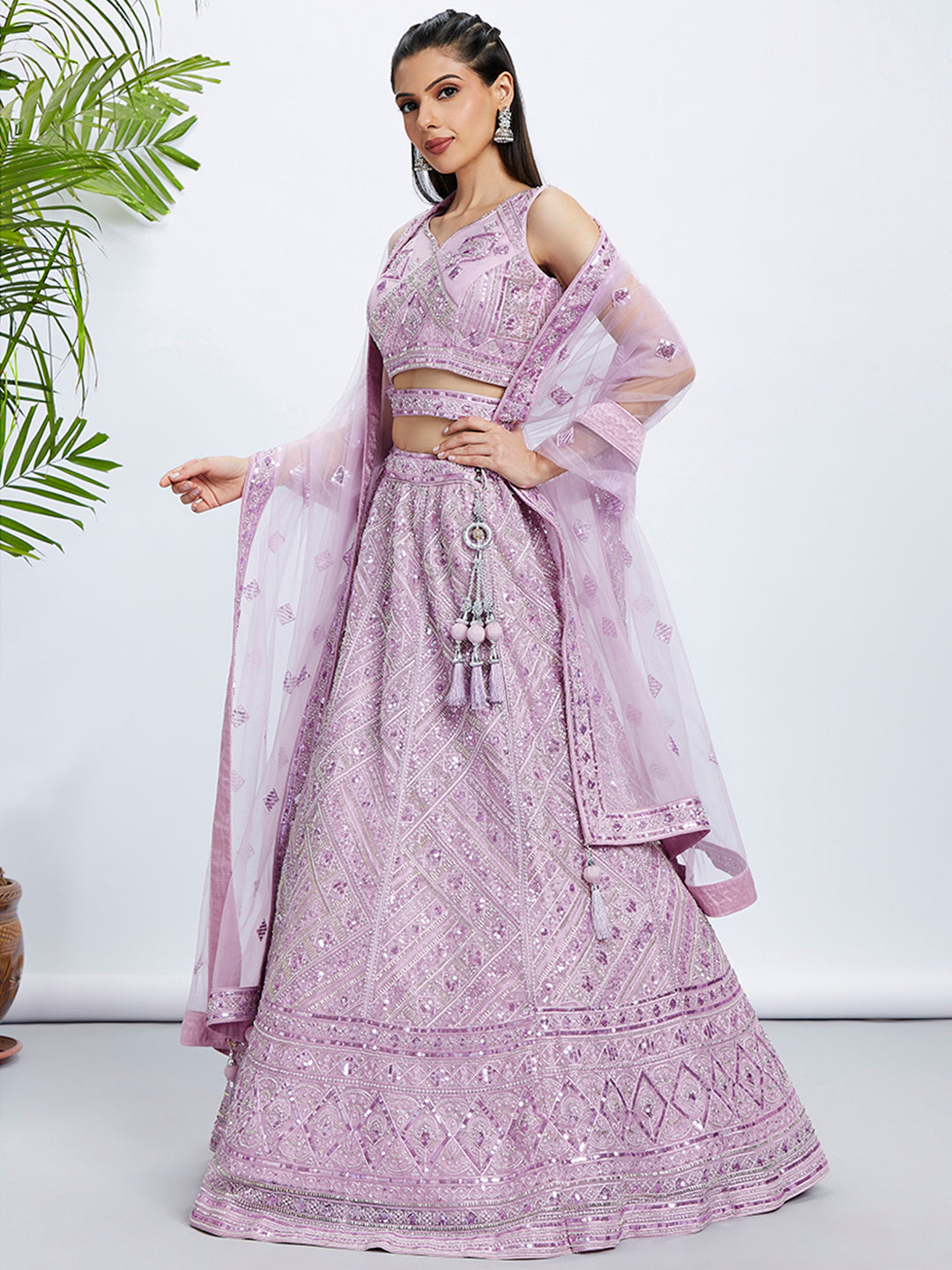 Lavender Net Lehenga Choli & Dupatta with Cutdana, Sequins & Zarkan Embroidery