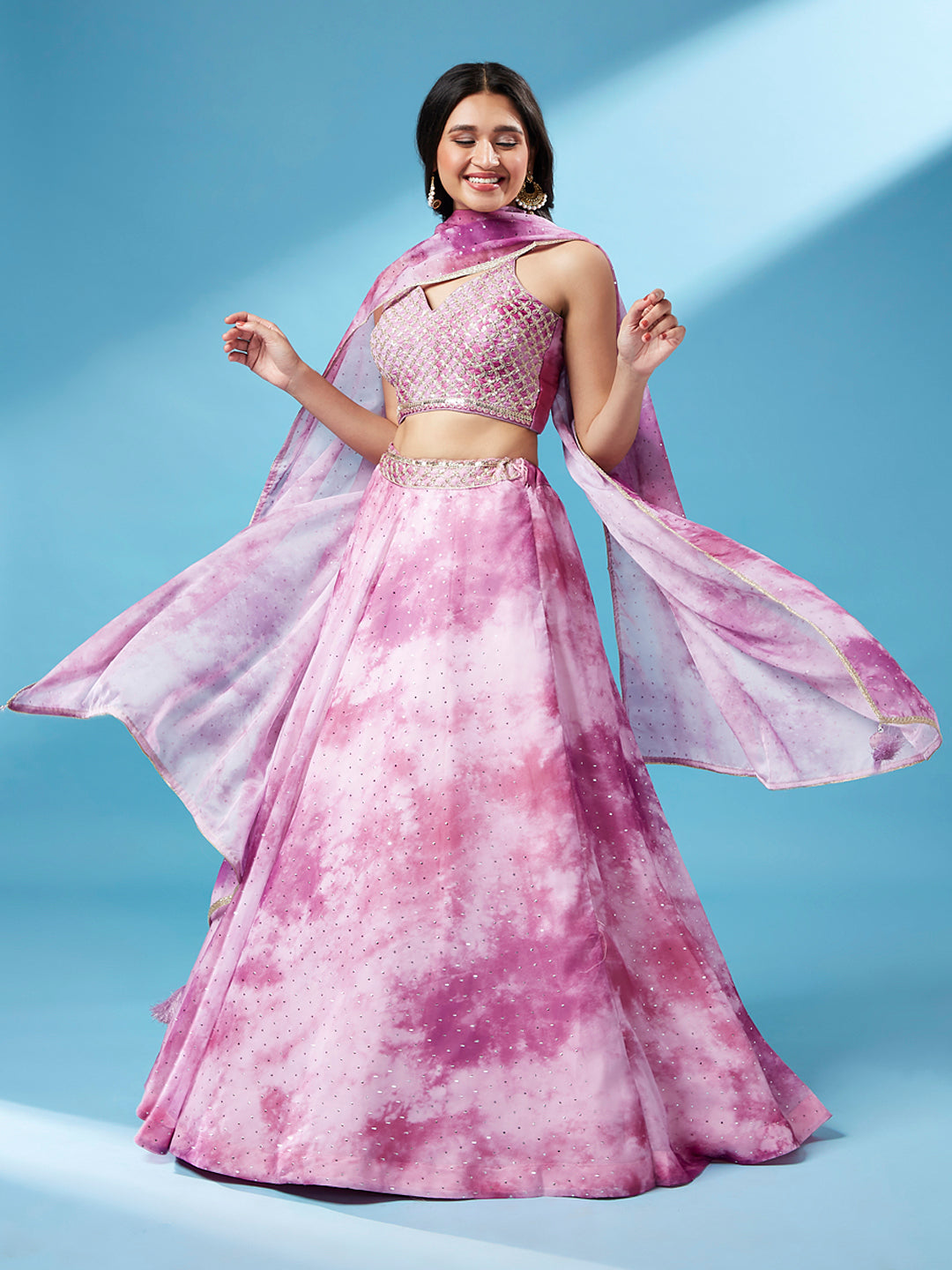 Lavender Organza Floral Printed Semi-Stitched Lehenga choli & Dupatta