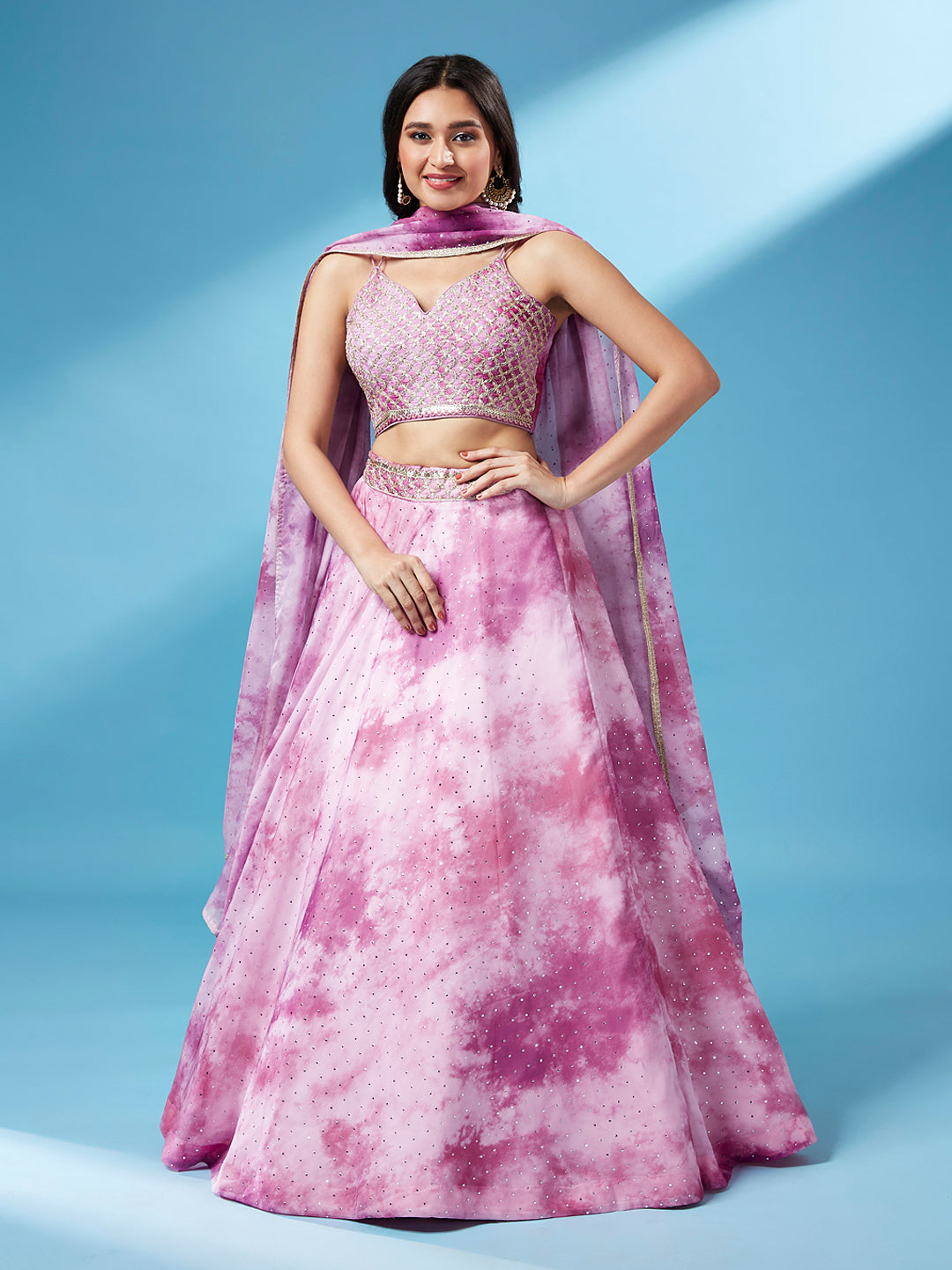 Lavender Organza Floral Printed Semi-Stitched Lehenga choli & Dupatta