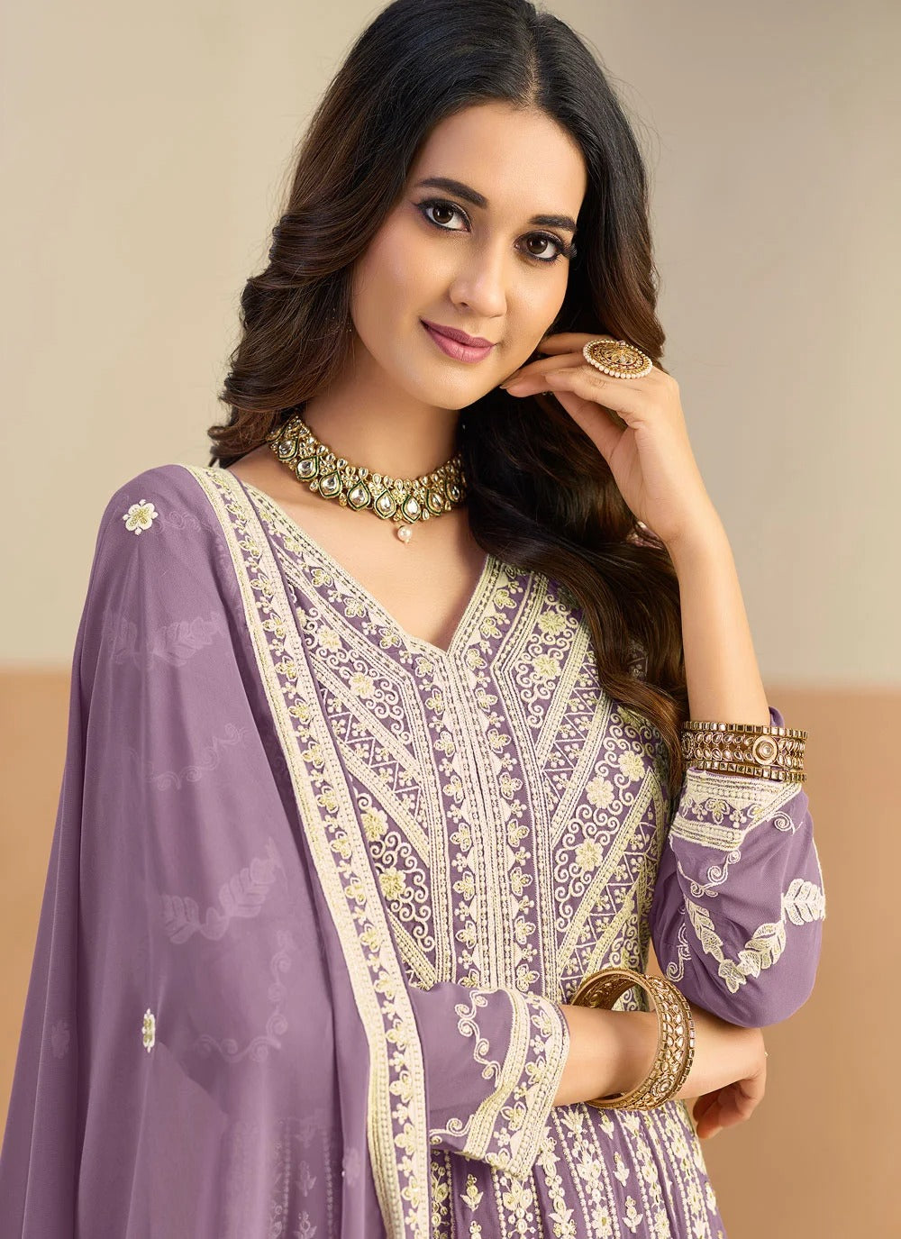 Lavender embroidered anarkali suit in faux georgette for engagement wear