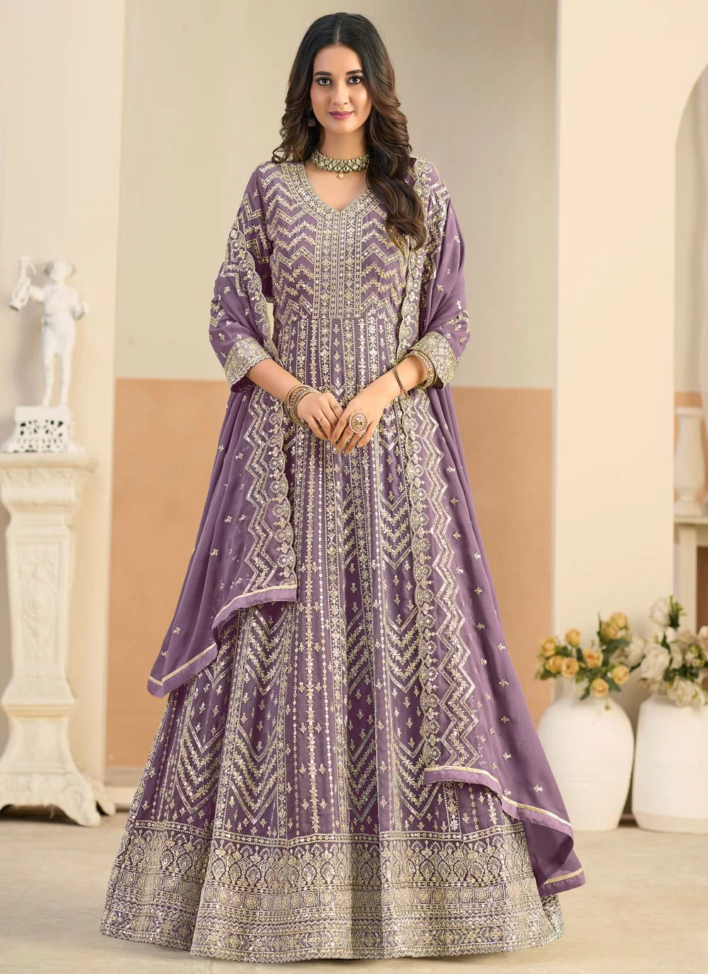 Elegant lavender faux georgette anarkali suit with dual side embroidery