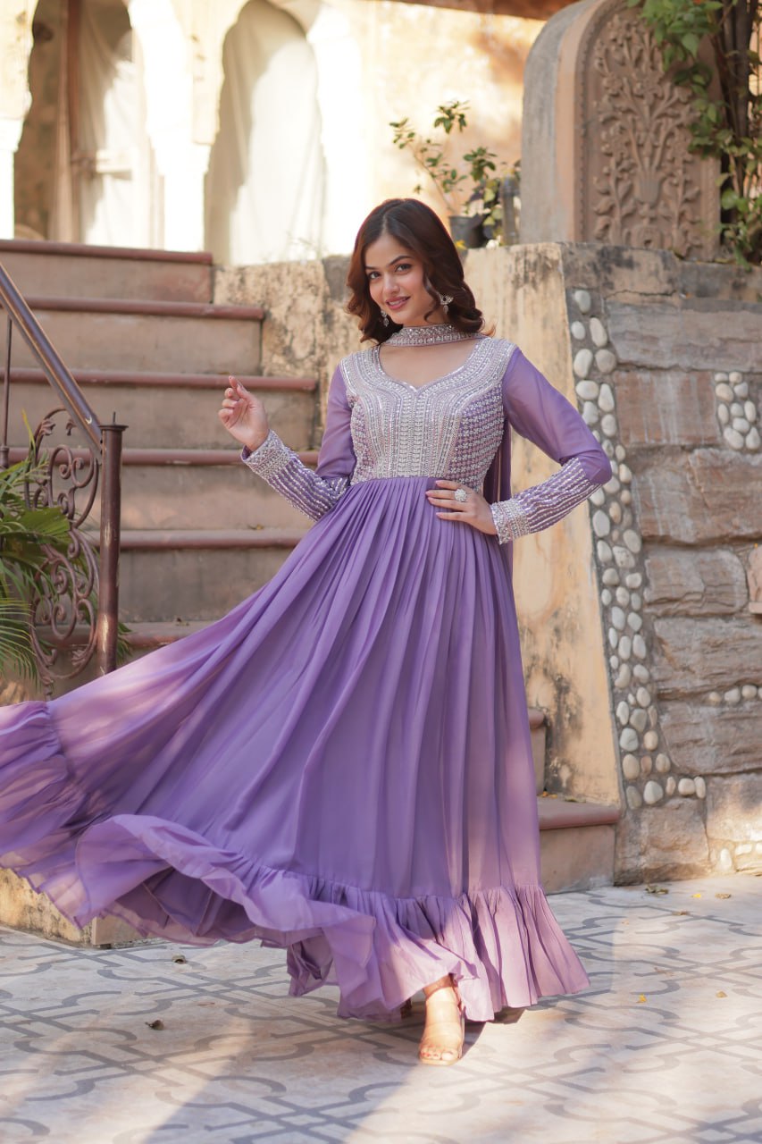 Lavender Premium Designer Readymade Gown with Dupatta