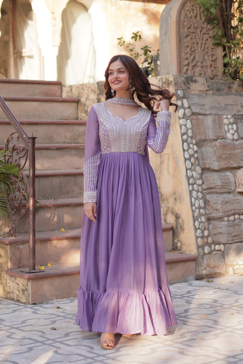 Lavender Premium Designer Readymade Gown with Dupatta