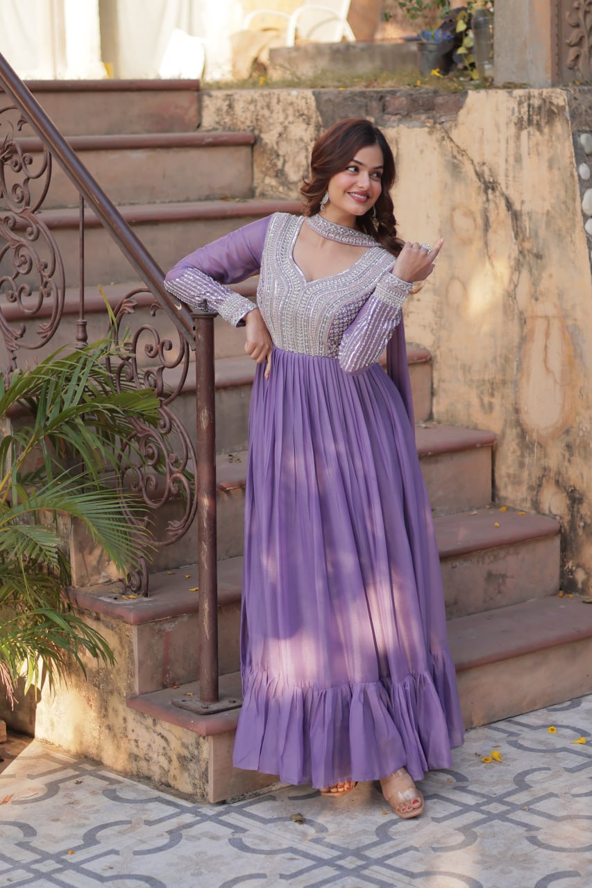 Lavender Premium Designer Readymade Gown with Dupatta