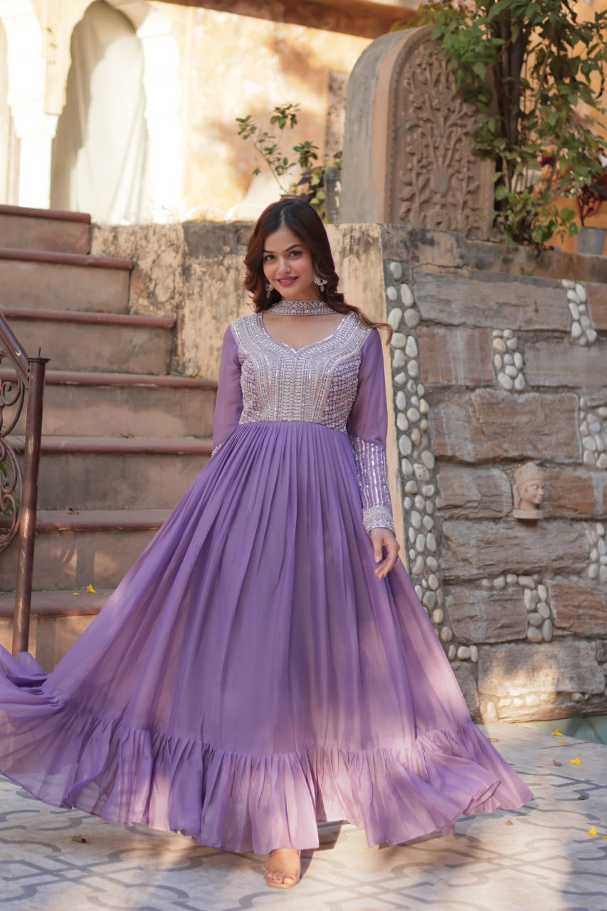 Lavender Premium Designer Readymade Gown with Dupatta