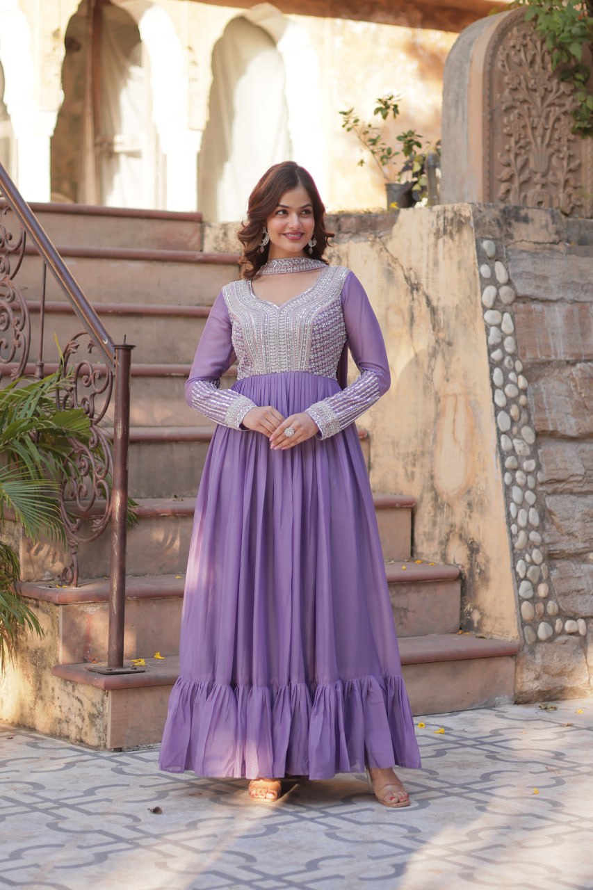 Lavender Premium Designer Readymade Gown with Dupatta
