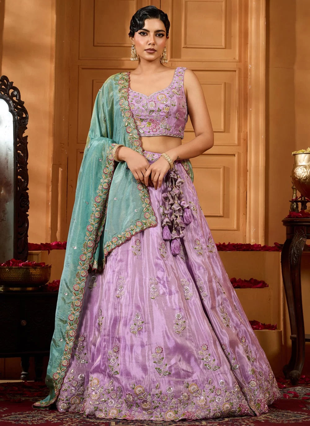Luxe lavender satin silk lehenga with beads sequin embroidery