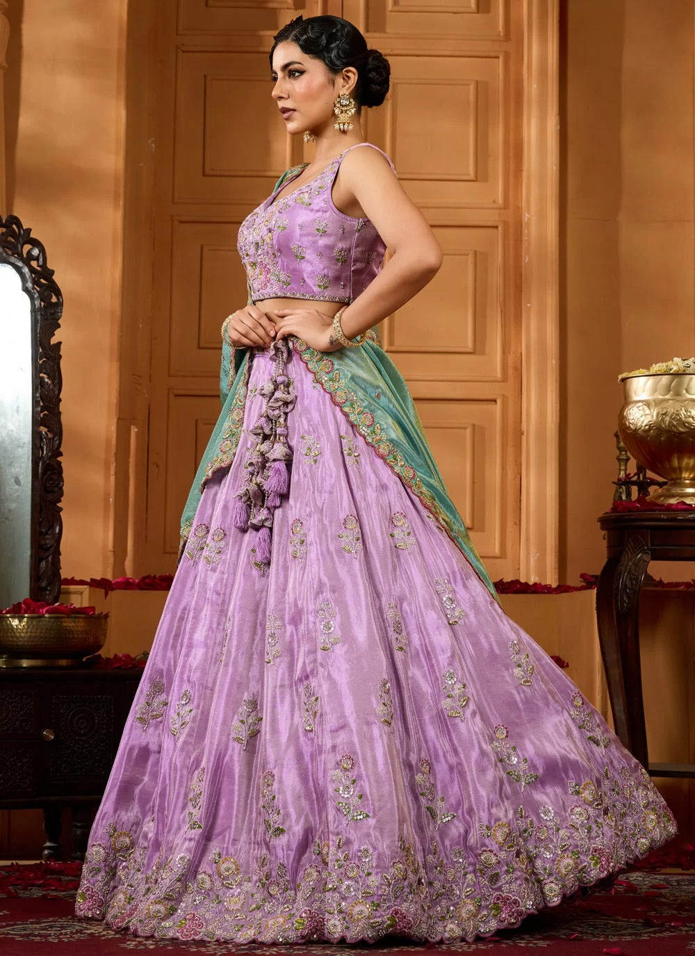 Luxe lavender satin silk lehenga with beads sequin embroidery