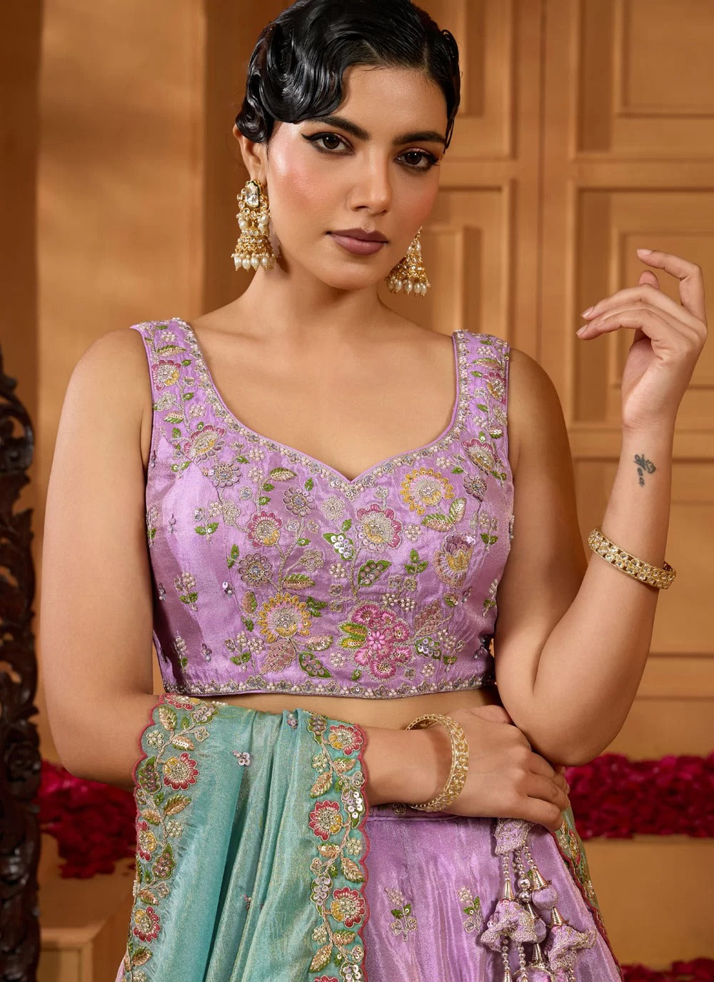 Luxe lavender satin silk lehenga with beads sequin embroidery