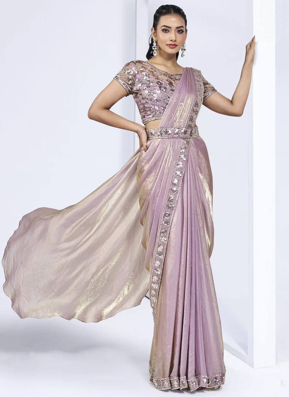 Ethereal lavender satin silk ready to wear one minute saree with handwork