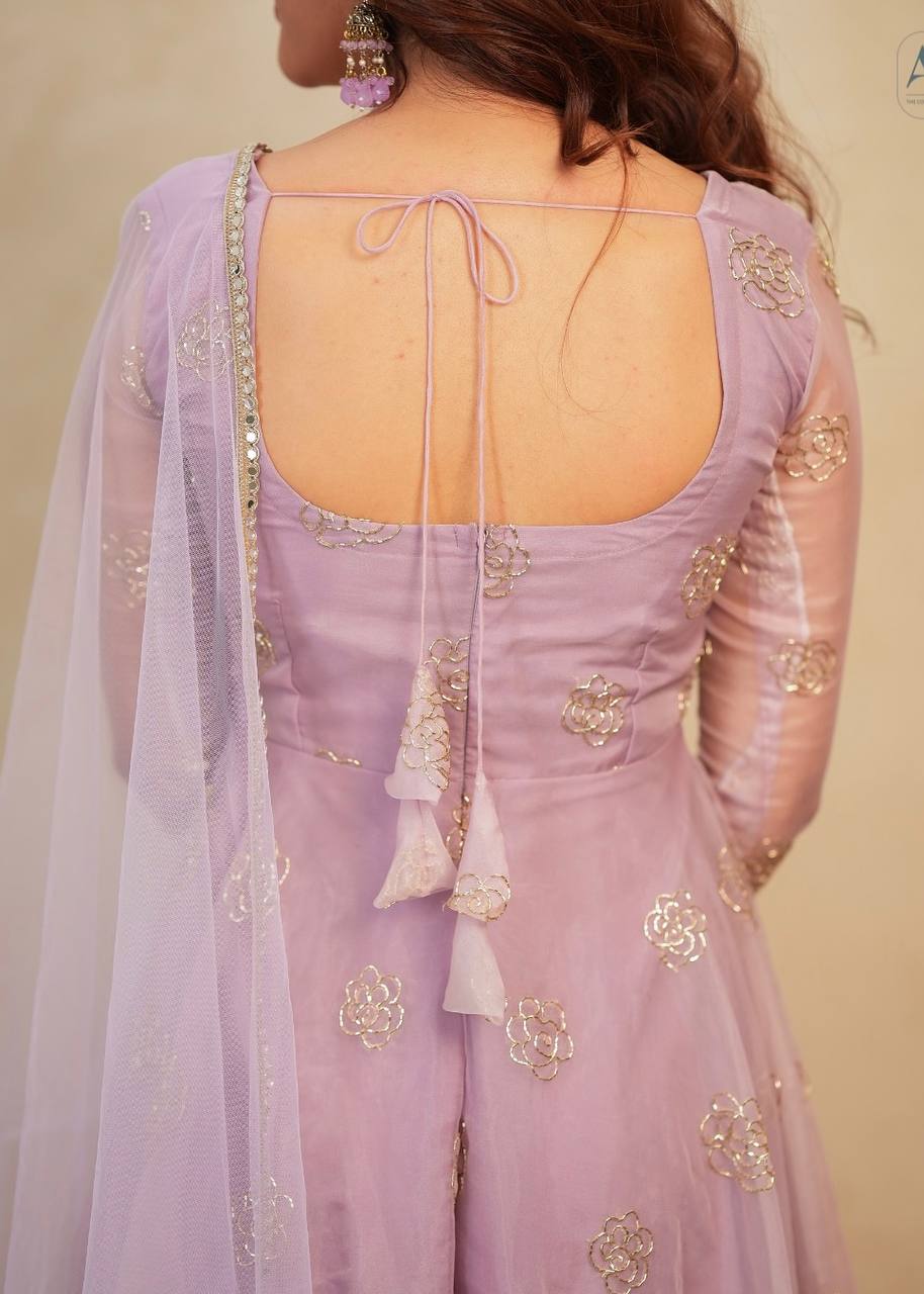 Lavender Soft Organza Hand-Embroidered Gown Set with Full Sleeves, Cotton Lining, Micro Cotton Pants & Matching Dupatta