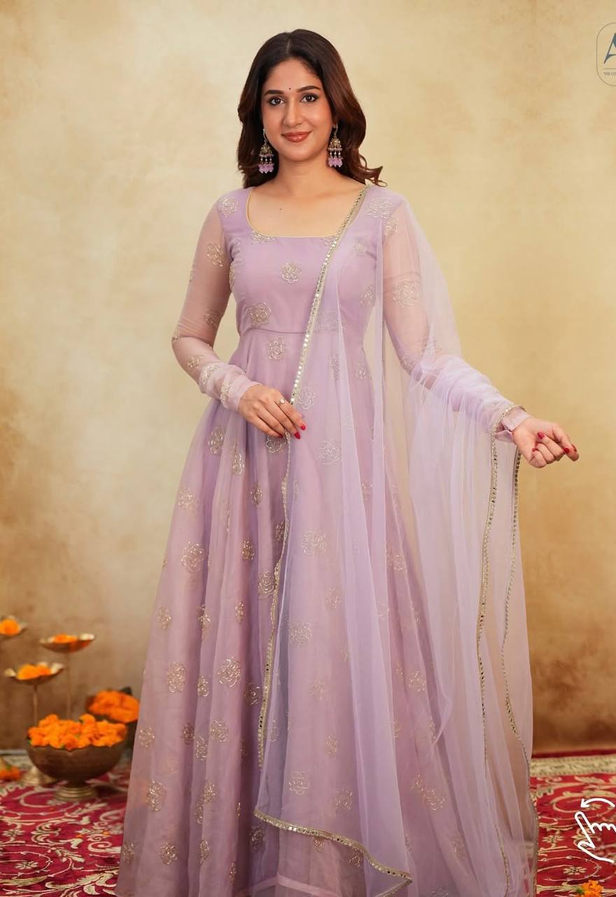 Lavender Soft Organza Hand-Embroidered Gown Set with Full Sleeves, Cotton Lining, Micro Cotton Pants & Matching Dupatta