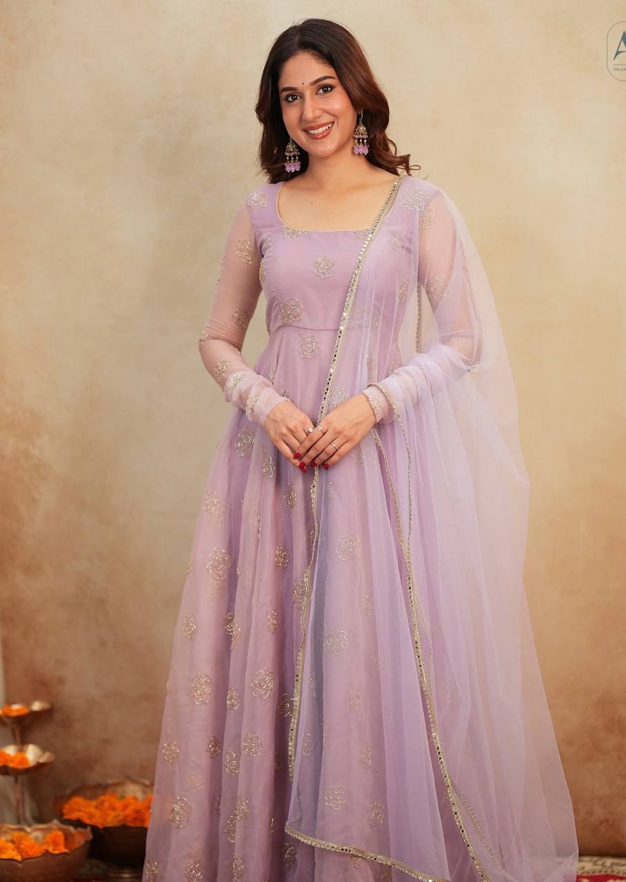 Lavender Soft Organza Hand-Embroidered Gown Set with Full Sleeves, Cotton Lining, Micro Cotton Pants & Matching Dupatta