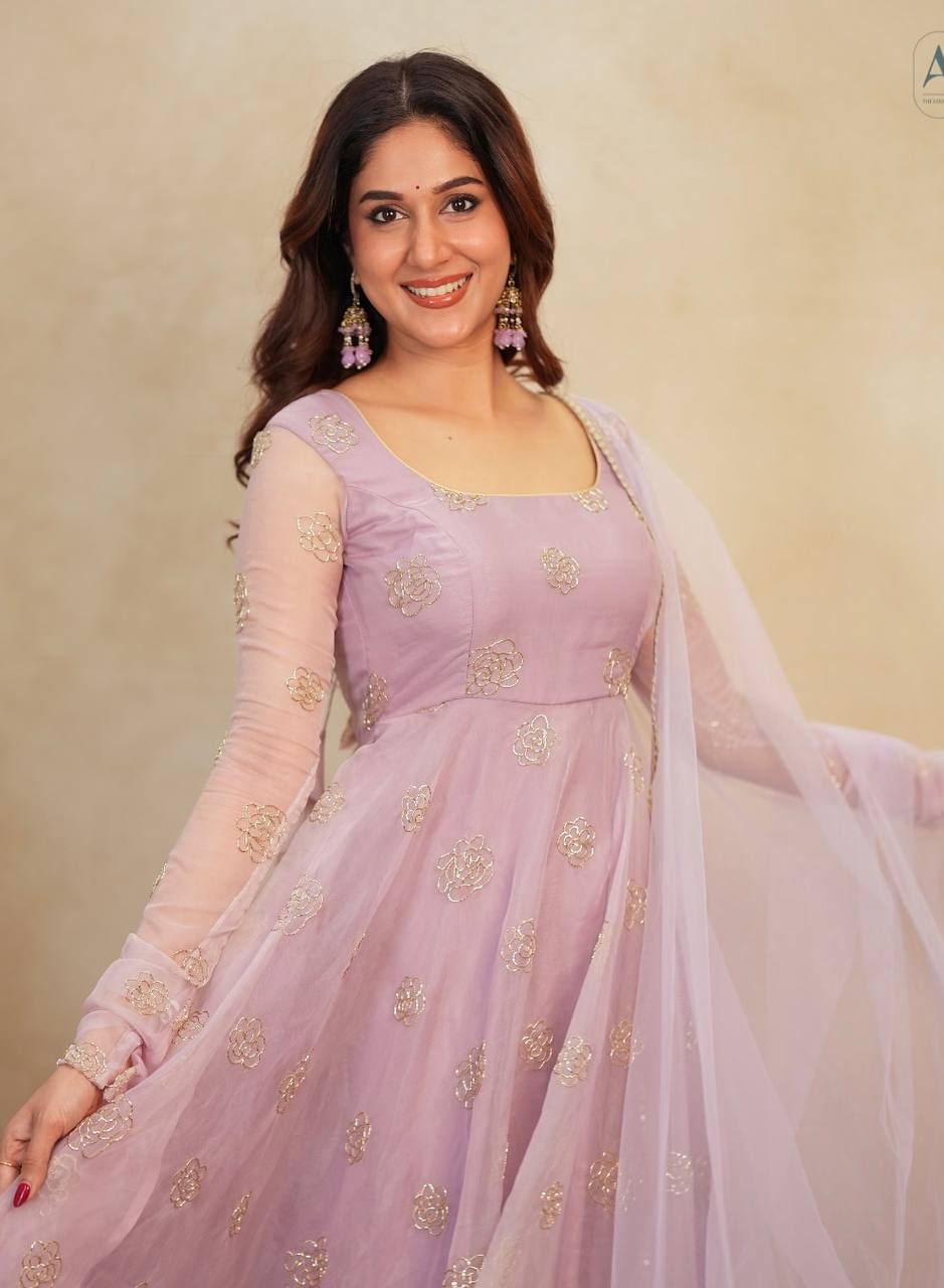 Lavender Soft Organza Hand-Embroidered Gown Set with Full Sleeves, Cotton Lining, Micro Cotton Pants & Matching Dupatta