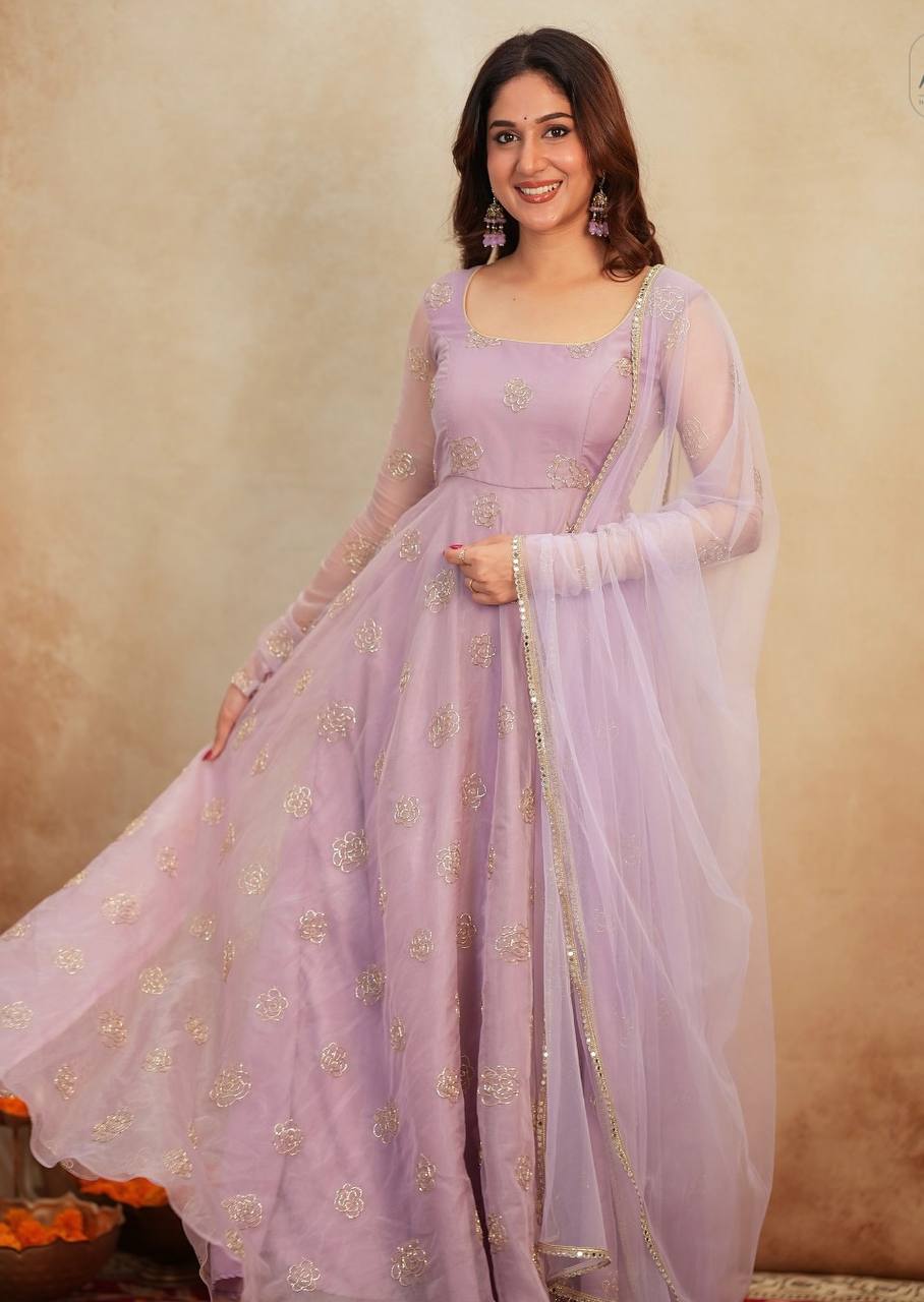 Lavender Soft Organza Hand-Embroidered Gown Set with Full Sleeves, Cotton Lining, Micro Cotton Pants & Matching Dupatta