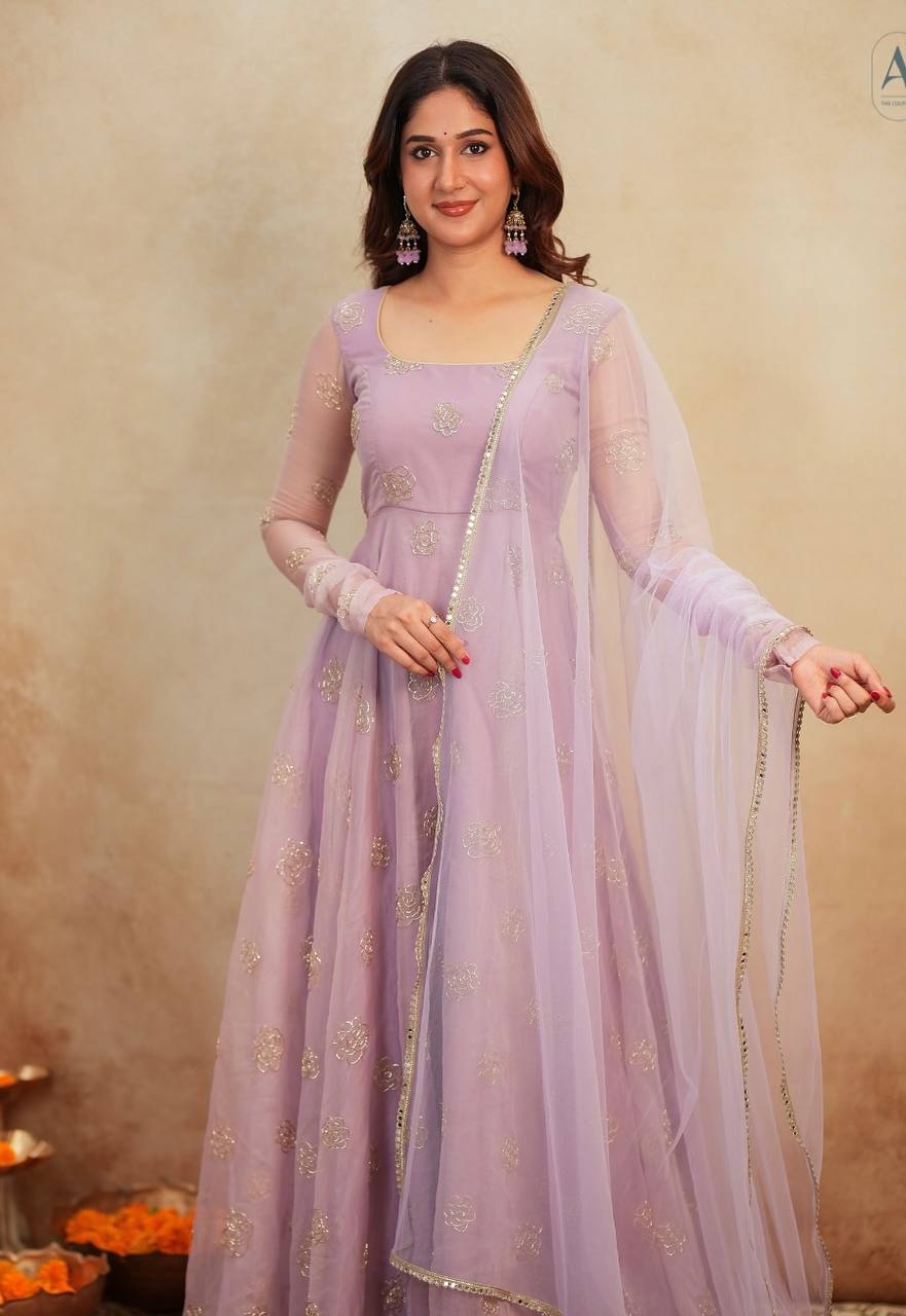 Lavender Soft Organza Hand-Embroidered Gown Set with Full Sleeves, Cotton Lining, Micro Cotton Pants & Matching Dupatta