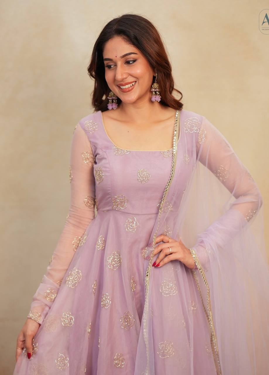 Lavender Soft Organza Hand-Embroidered Gown Set with Full Sleeves, Cotton Lining, Micro Cotton Pants & Matching Dupatta