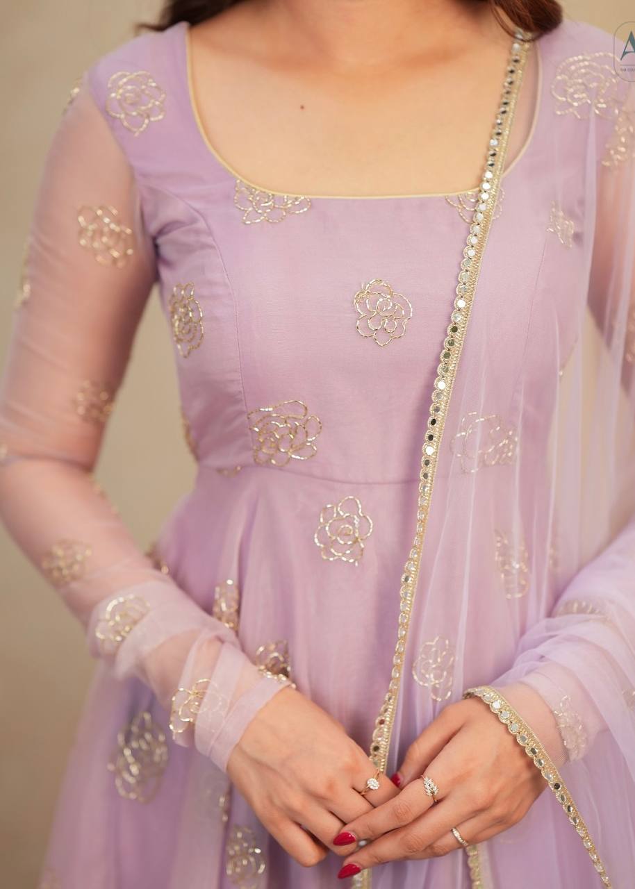 Lavender Soft Organza Hand-Embroidered Gown Set with Full Sleeves, Cotton Lining, Micro Cotton Pants & Matching Dupatta