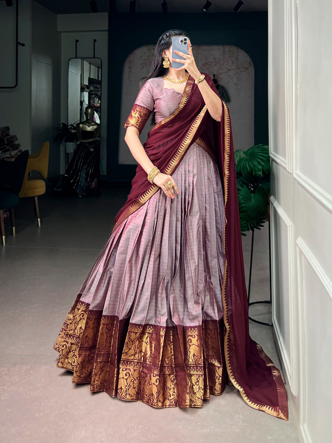 Lavender South Indian Cotton Lehenga