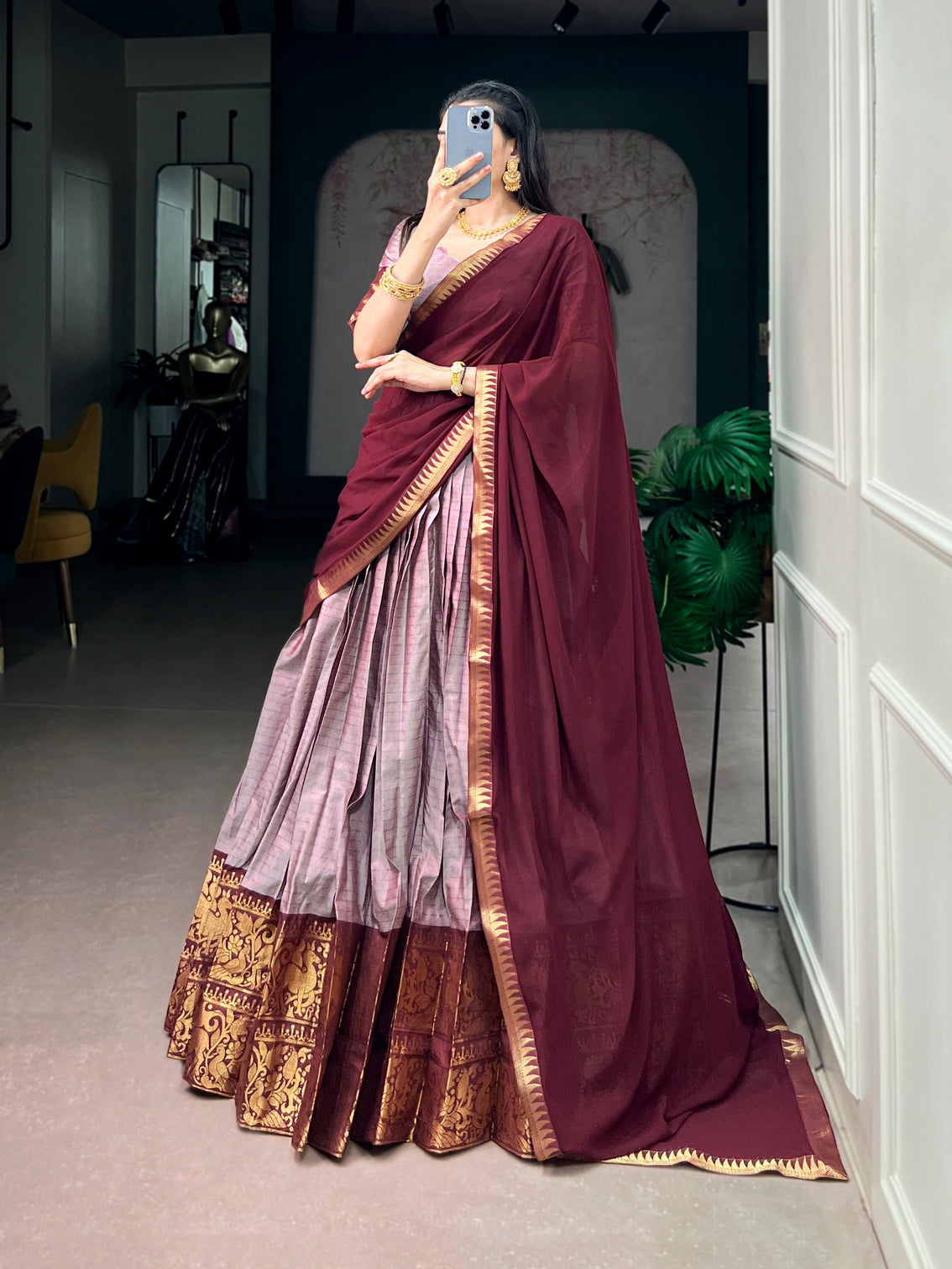 Lavender South Indian Cotton Lehenga
