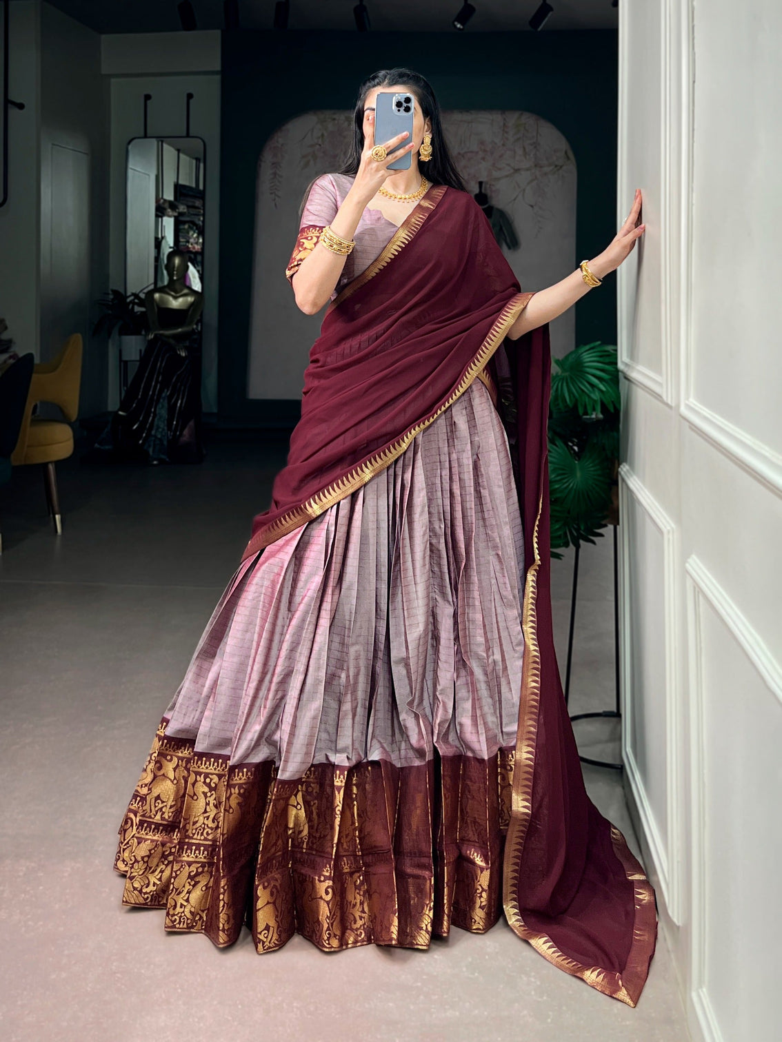 Lavender South Indian Cotton Lehenga