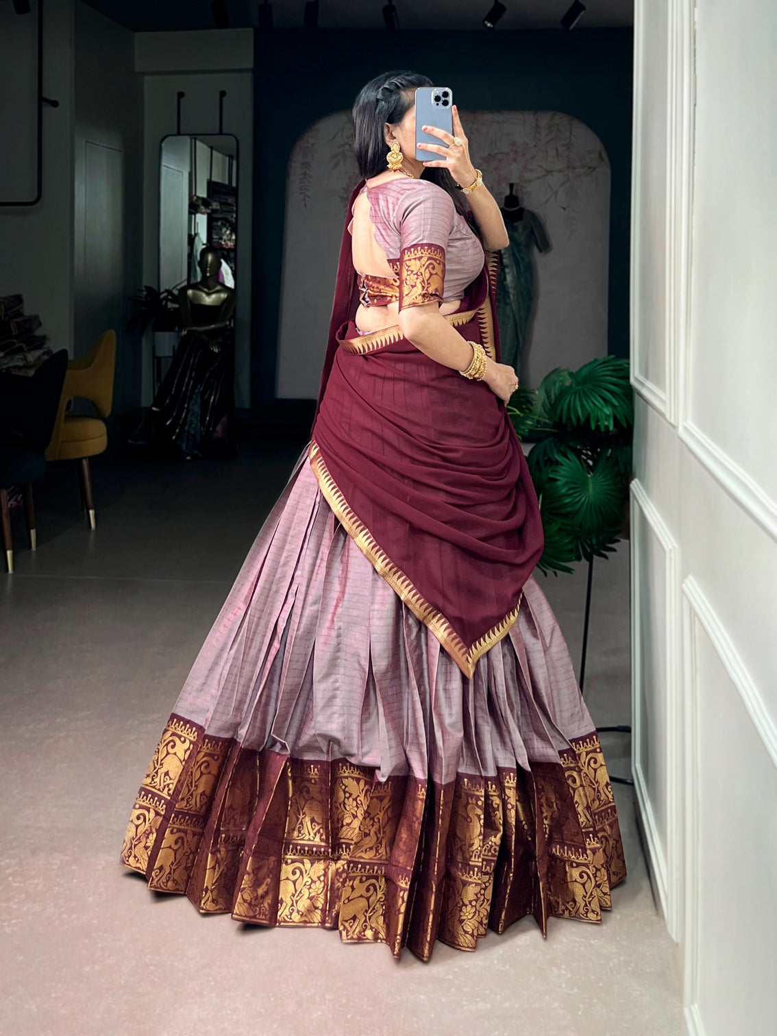 Lavender South Indian Cotton Lehenga