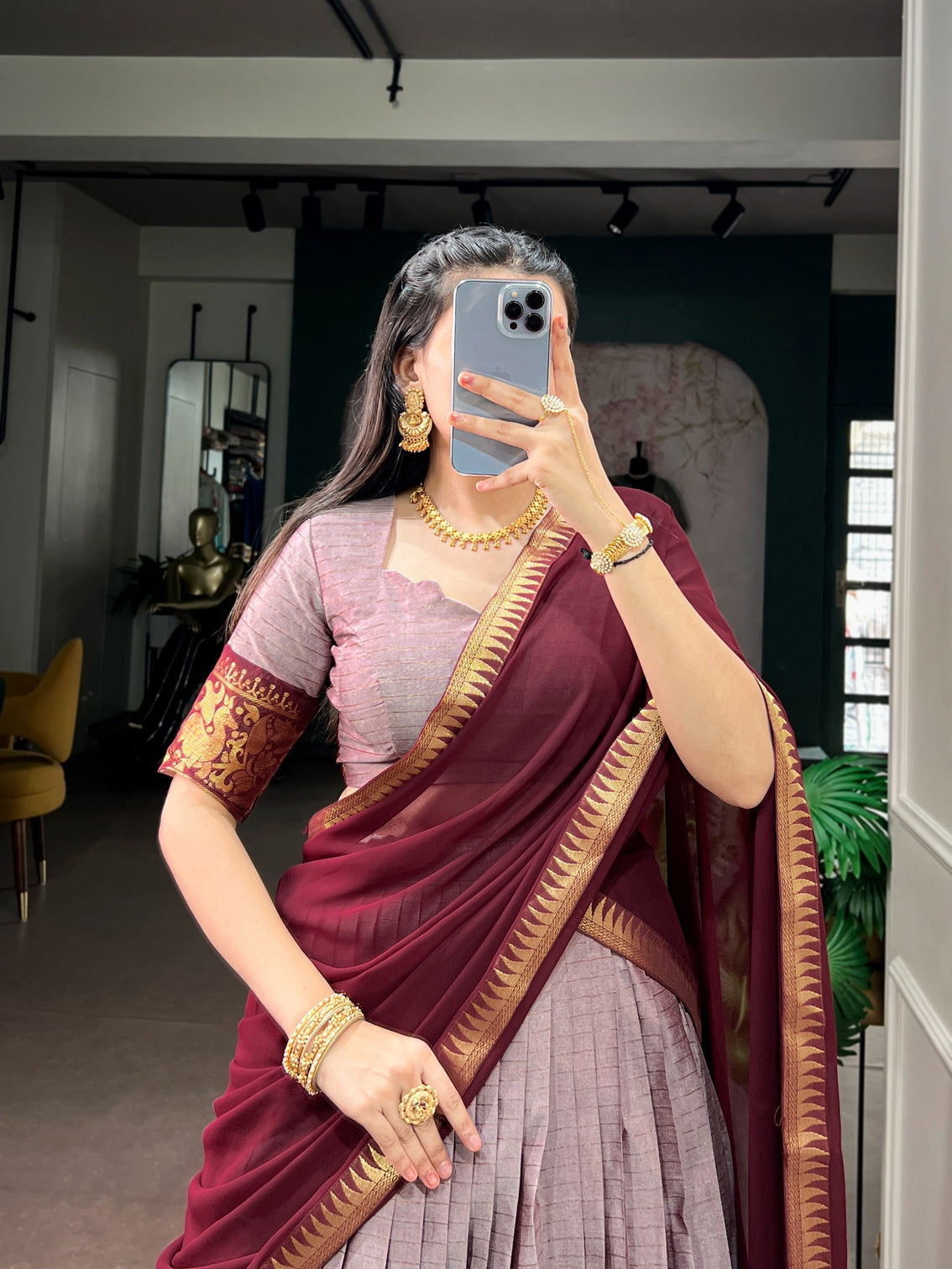 Lavender South Indian Cotton Lehenga