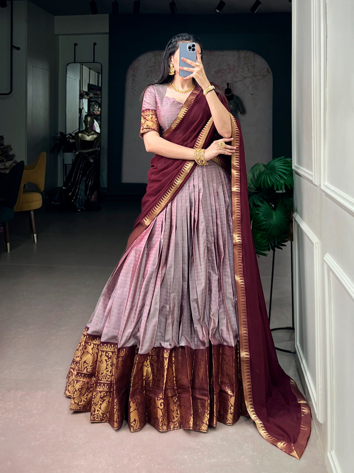 Lavender South Indian Cotton Lehenga