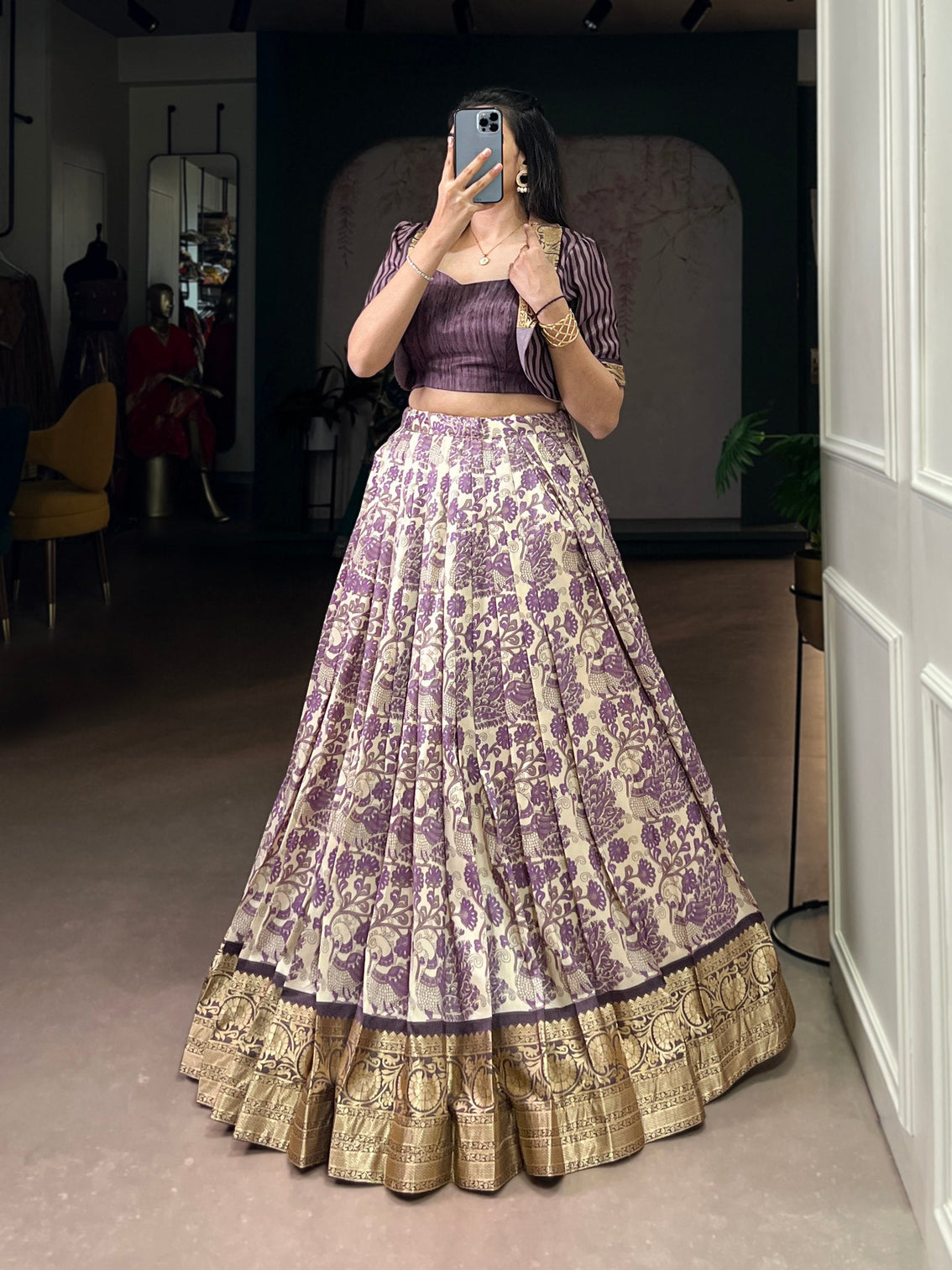 Lavender Tasar Silk Printed Lehenga Choli
