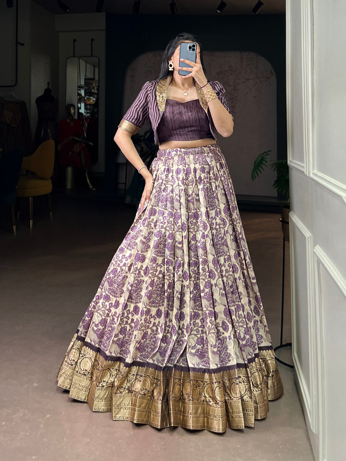 Lavender Tasar Silk Printed Lehenga Choli