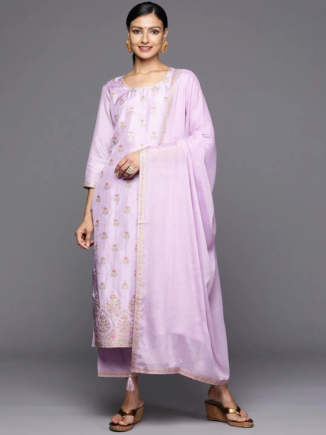 Mameraa Lavender Woven Design Silk Blend Straight Kurta With Trousers & Dupatta