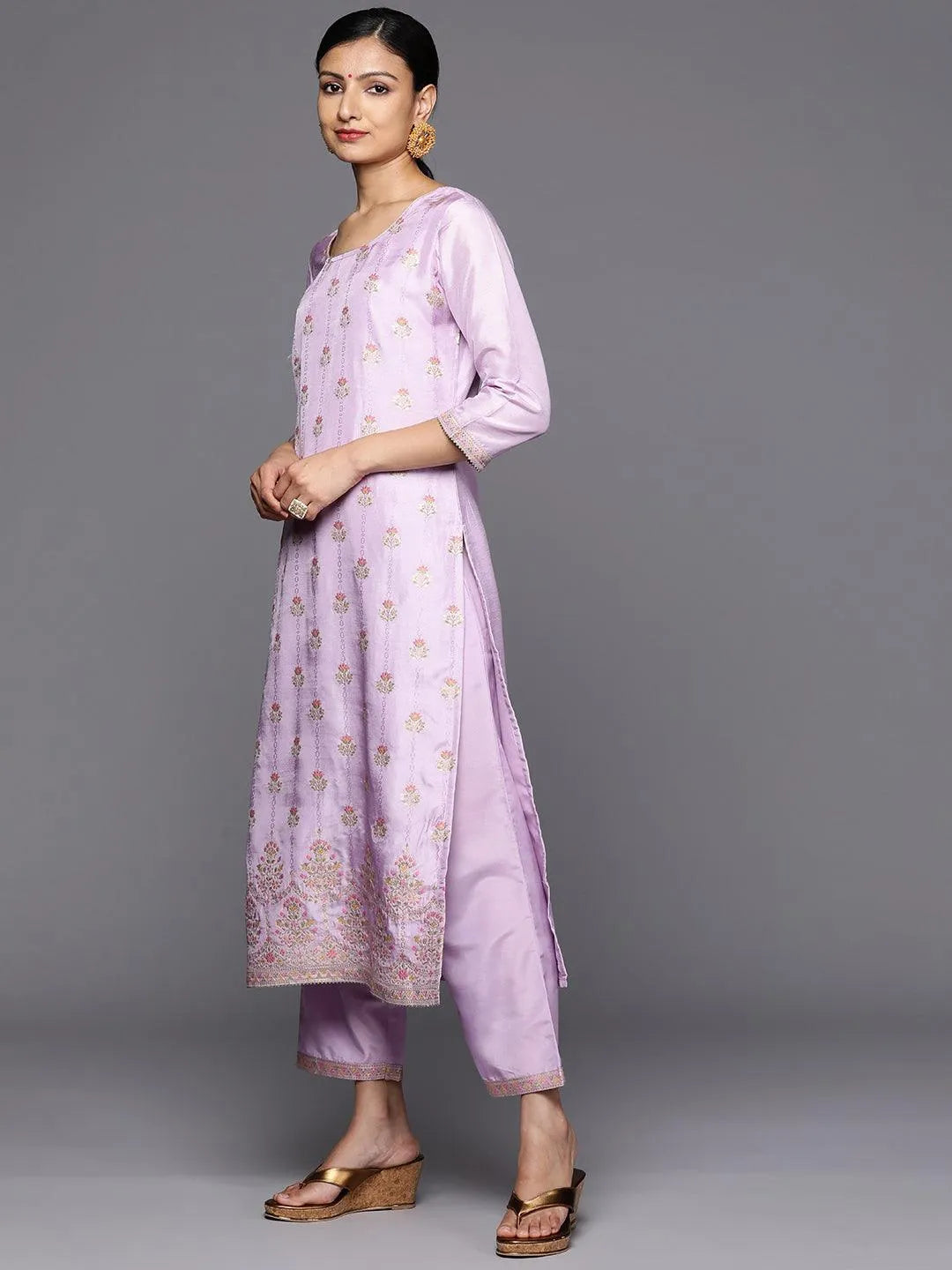 Mameraa Lavender Woven Design Silk Blend Straight Kurta With Trousers & Dupatta