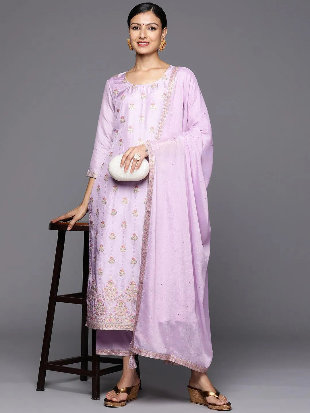 Mameraa Lavender Woven Design Silk Blend Straight Kurta With Trousers & Dupatta